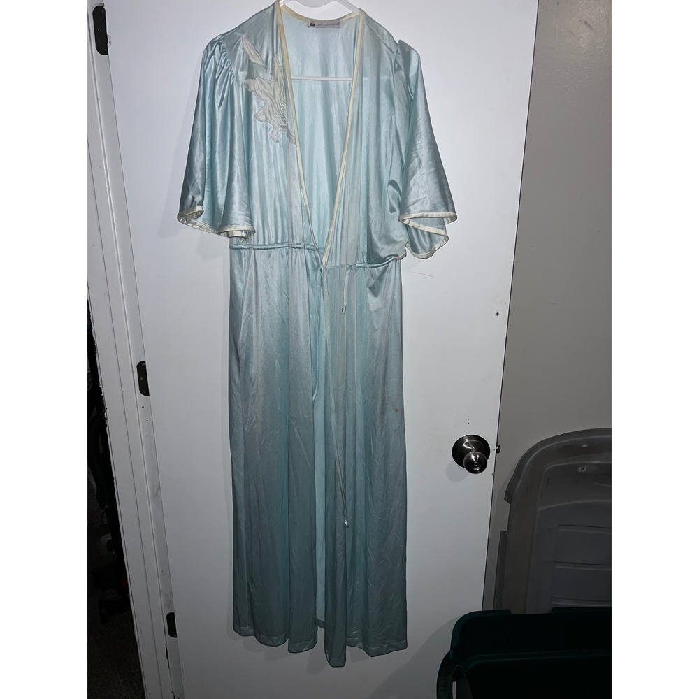 Vandemere Vintage Light Blue Satin Floral Applique Maxi Robe Size M